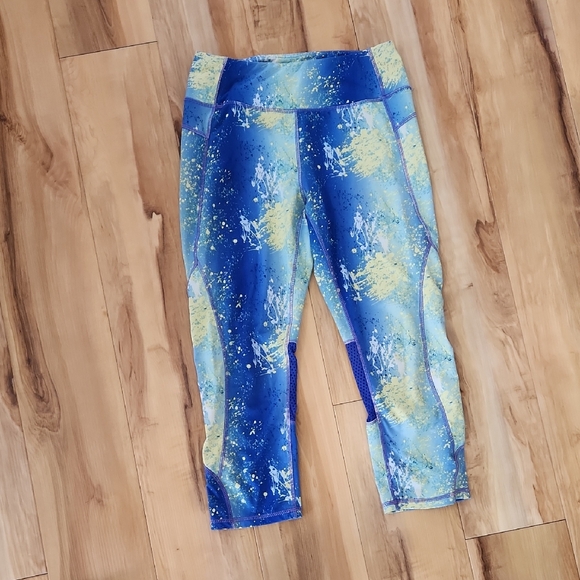 Kyodan Pants - Kyodan Womens 3/4 Length Splatter Print Leggings - Blue and Yellow
